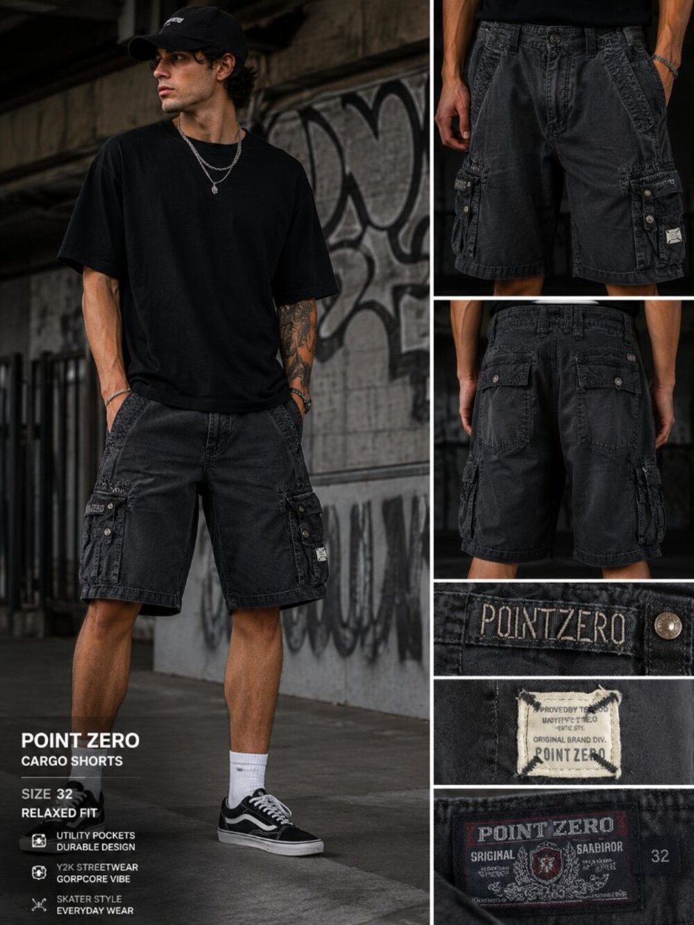 Y2k Point Zero Cargo Shorts Men's 32 Faded Black Washed Utility Gorpcore Skater